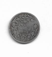 2 anna Queen victoria 1874 silver coin rare collectible - Collection Bazzar