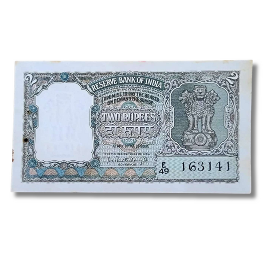 2 Rupees Half Tiger Olive Green Note Vintage Indian Currency Back