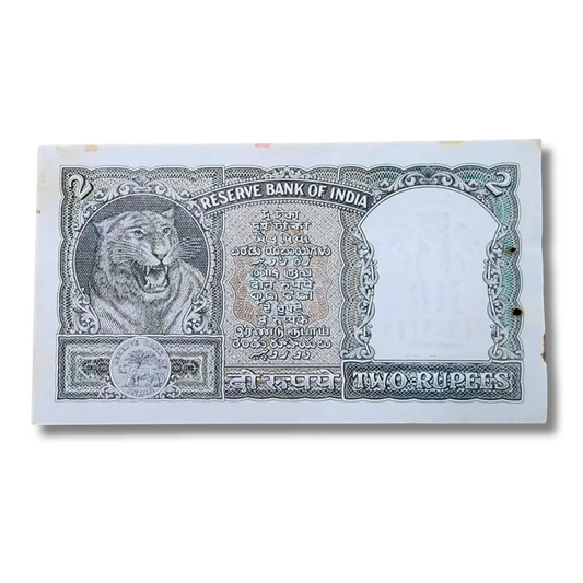 2 Rupees Half Tiger Olive Green Note Vintage Indian Currency