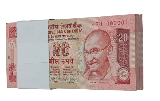 ₹20 old note packet with 000001 serial number signed by Raghuram Rajan, rare collectible Indian currency full bundle UNC condition