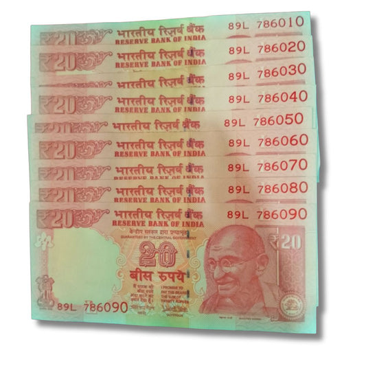 ₹20 Old Telescopic Number Set – 786010 to 786090 | 89L Prefix | Bismillah Number | UNC | Governor Urjit Patel

