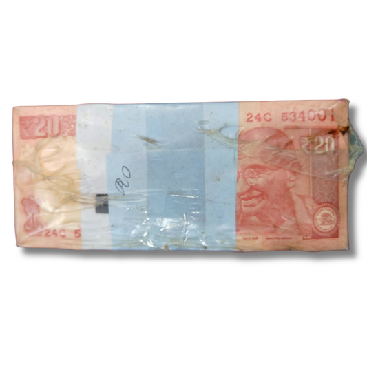 ₹20 note rim packet, telescopic serial ₹20, Urjit Patel signed note, UNC bulk note, ₹20 note 10 rim pack, collectible Indian currency, rare bulk ₹20 notes
