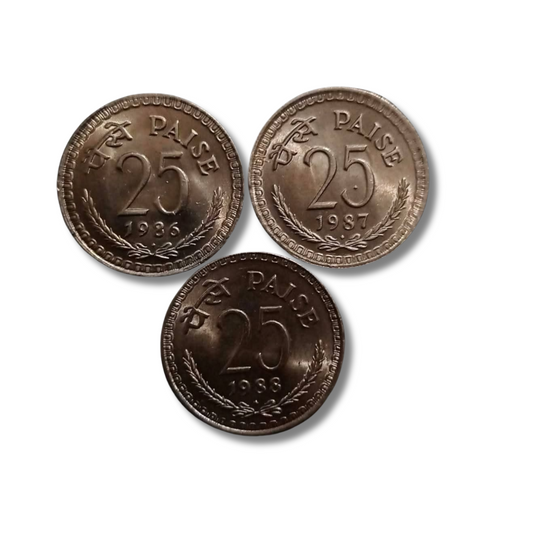 25 Paise Coin Set India 1986 1987 1988 Bombay Mint Scarce Collectible