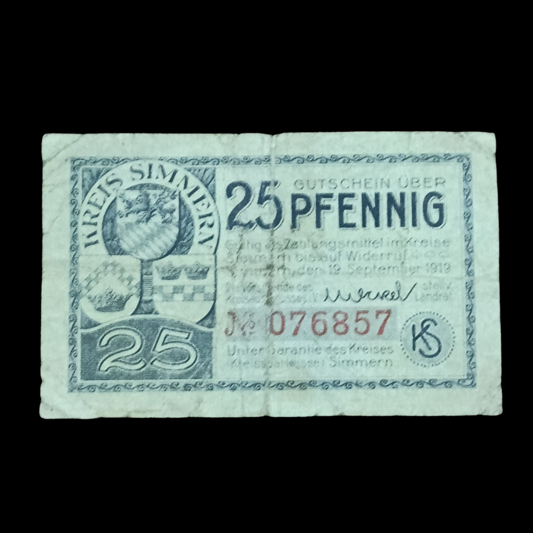25 Pfennig Local Banknote, Germany, Simmern - Ecusson - 1919 - Collection Bazzar