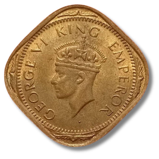1943 2 Anna Coin – George VI King Emperor | British India Square Coin (Excellent Condition)