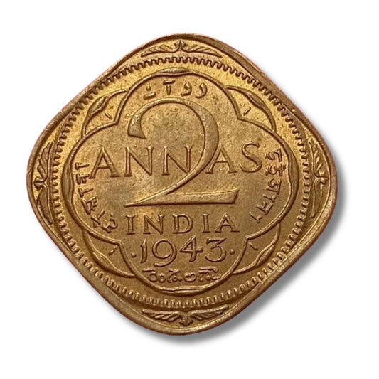 1943 2 Anna Coin – George VI King Emperor | British India Square Coin (Excellent Condition)