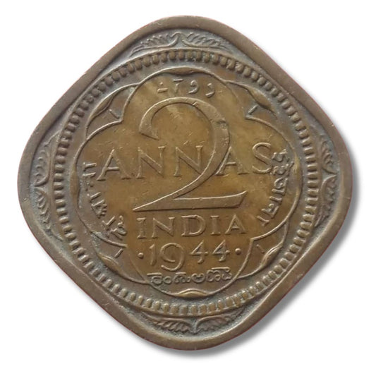1944 2 Anna Coin – George VI King Emperor | British India Square Coin (Excellent Condition)