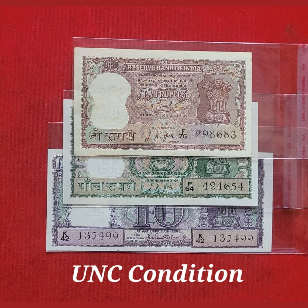 3 Note Set ₹10 Diamond Issue P C Bhattacharya, ₹5 Back 4 Deer, ₹2 Full Tiger L.K. Jha - Collection Bazzar