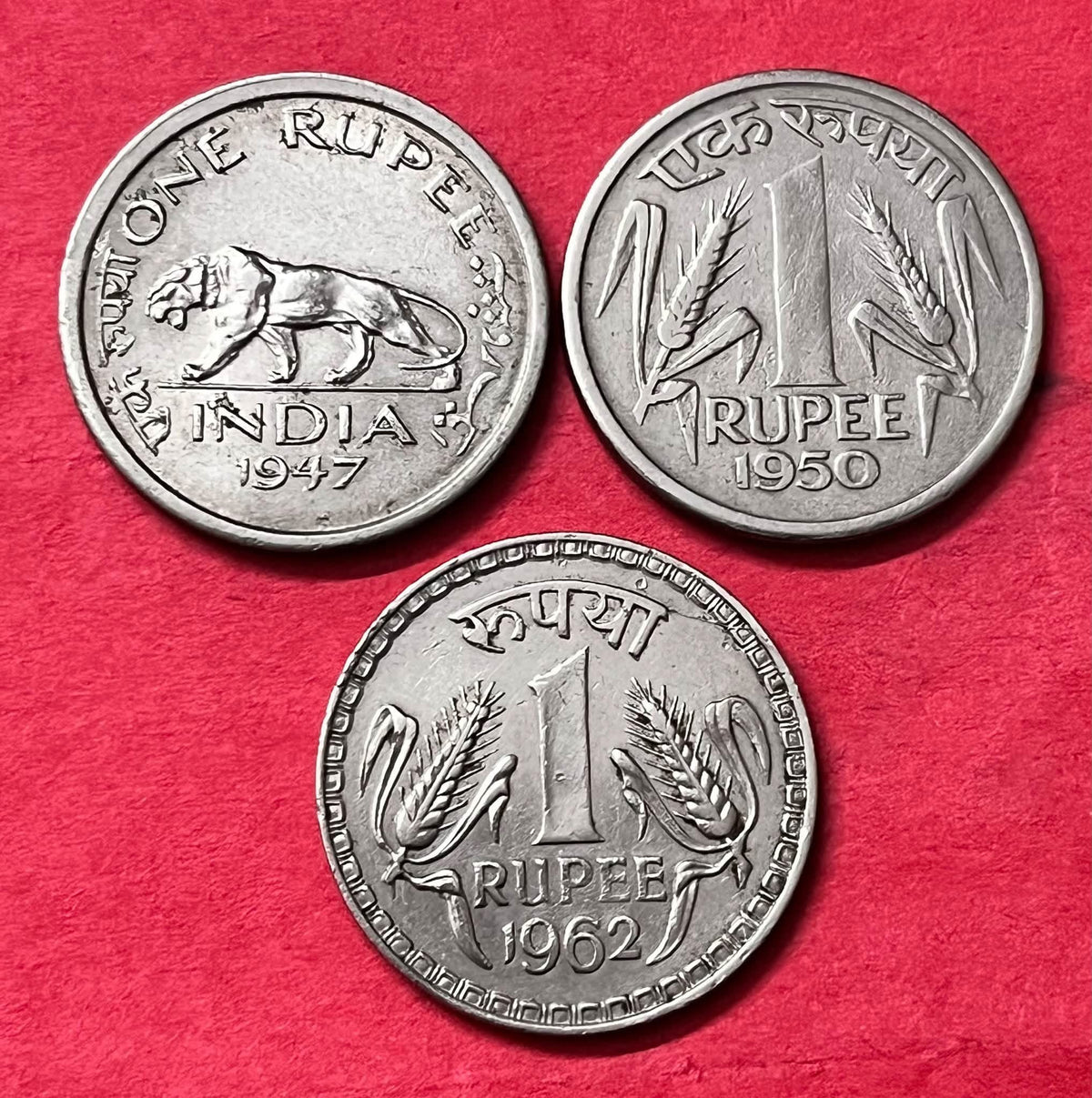 3 SCARCE ONE RUPEE COINS - BRITISH INDIA LAST ISSUE-1947 ,

REPUBLIC INDIA FIRST ISSUE-1950 &

 DEFINITIVE COIN -1962

Metal- Nickel 

EXCELLENT CONDITION - Collection Bazzar