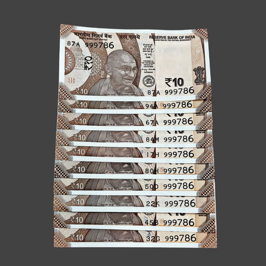Rs 10 notes starting 999 ending 786 holy bismillah number each note 400 governor sanjay malhotra rare collectible
