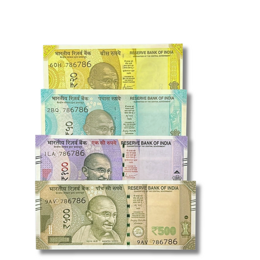 4 Set Notes Rs (20, 50, 100, 500) Set Collectors Double 786786 Holy Bismillah Number - Collection Bazzar