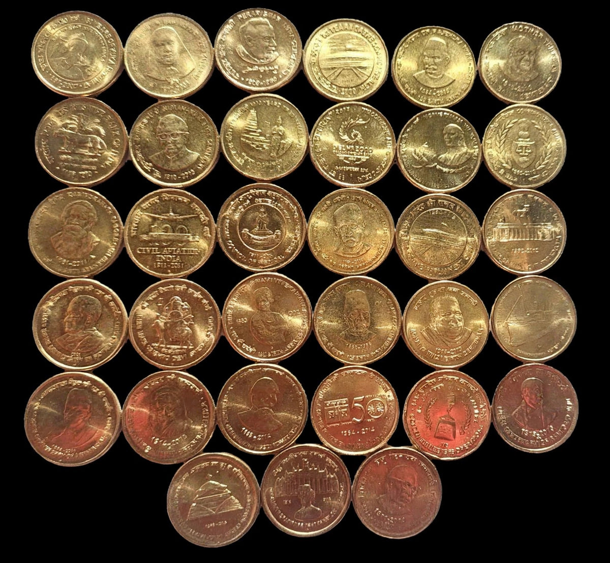 5 RUPEE NICKEL BRASS COMPLETE COMMEMORATIVE SET

34 COINS COMPLETE SET - 

(SEE THE ATTACHED CHART FORMAY mint comman - Collection Bazzar