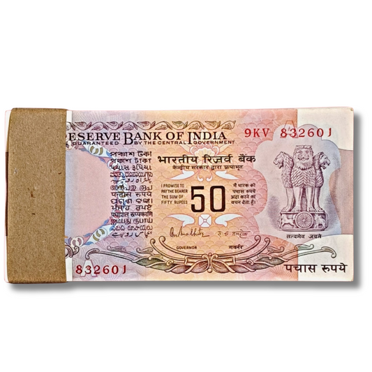 ₹50 note packet, Parliamentary issue ₹50, R N Malhotra currency, 1990 ₹50 note, UNC ₹50 packet, old Indian currency, collectible ₹50 note, rare RBI notes, Indian Parliament note