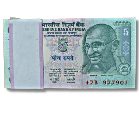 ₹5 Note Packet | Prefix 47B | Serial 977901 | Includes 916 & 977977 Doubling Numbers | Governor Y. V. Reddy | 100 UNC Notes