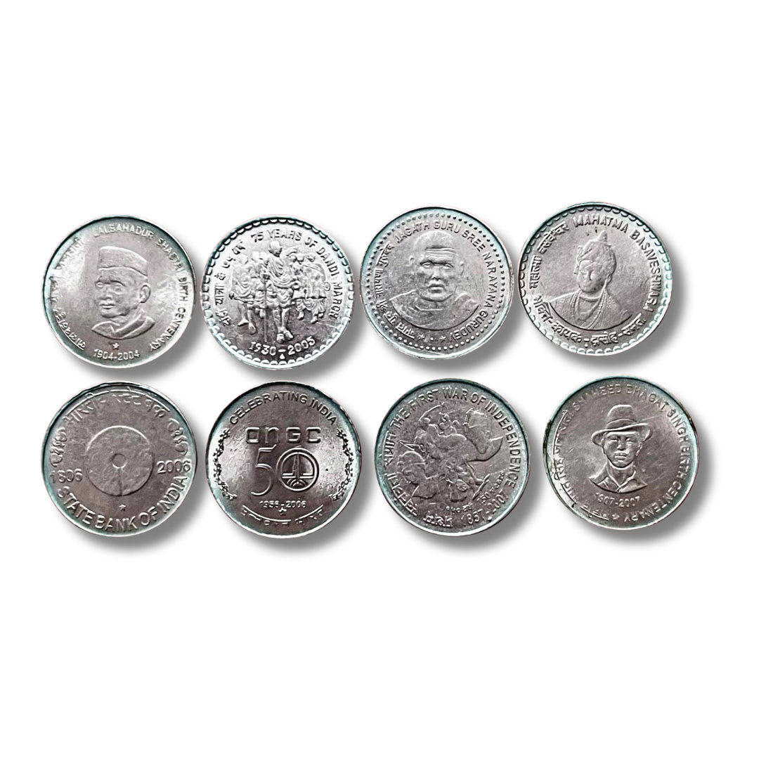 ₹5 Republic India Commemorative Coin Lot – 8 Different Designs – FSS Metal – Mixed Condition (Just Judge)

Available is a lot of 8 different ₹5 commemorative coins issued by the Republic of India, all minted in Ferritic Stainless Steel (FSS). Each coin features a unique design/theme, commemorating important events, institutions, or personalities. The condition of the coins is best assessed by the buyer – hence described as "Just Judge".

Lot Details:
Denomination: ₹5

Material: Ferritic Stainless Steel (FSS
