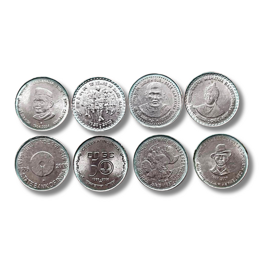 ₹5 Republic India Commemorative Coin Lot – 8 Different Designs – FSS Metal – Mixed Condition (Just Judge)

Available is a lot of 8 different ₹5 commemorative coins issued by the Republic of India, all minted in Ferritic Stainless Steel (FSS). Each coin features a unique design/theme, commemorating important events, institutions, or personalities. The condition of the coins is best assessed by the buyer – hence described as "Just Judge".

Lot Details:
Denomination: ₹5

Material: Ferritic Stainless Steel (FSS