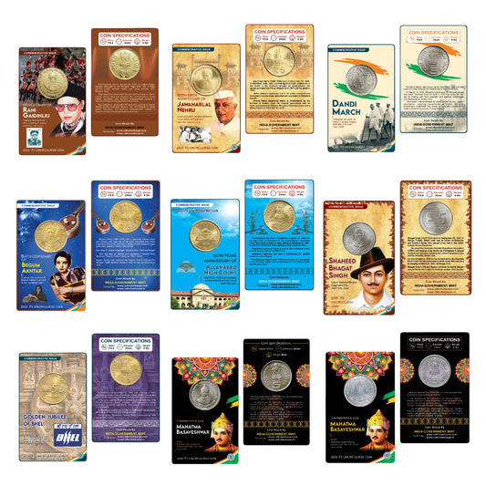 9-coin ₹5 commemorative set issued by India Government Mint featuring Rani Gaidinliu, Bhagat Singh, Dandi March, BHEL, and other theme