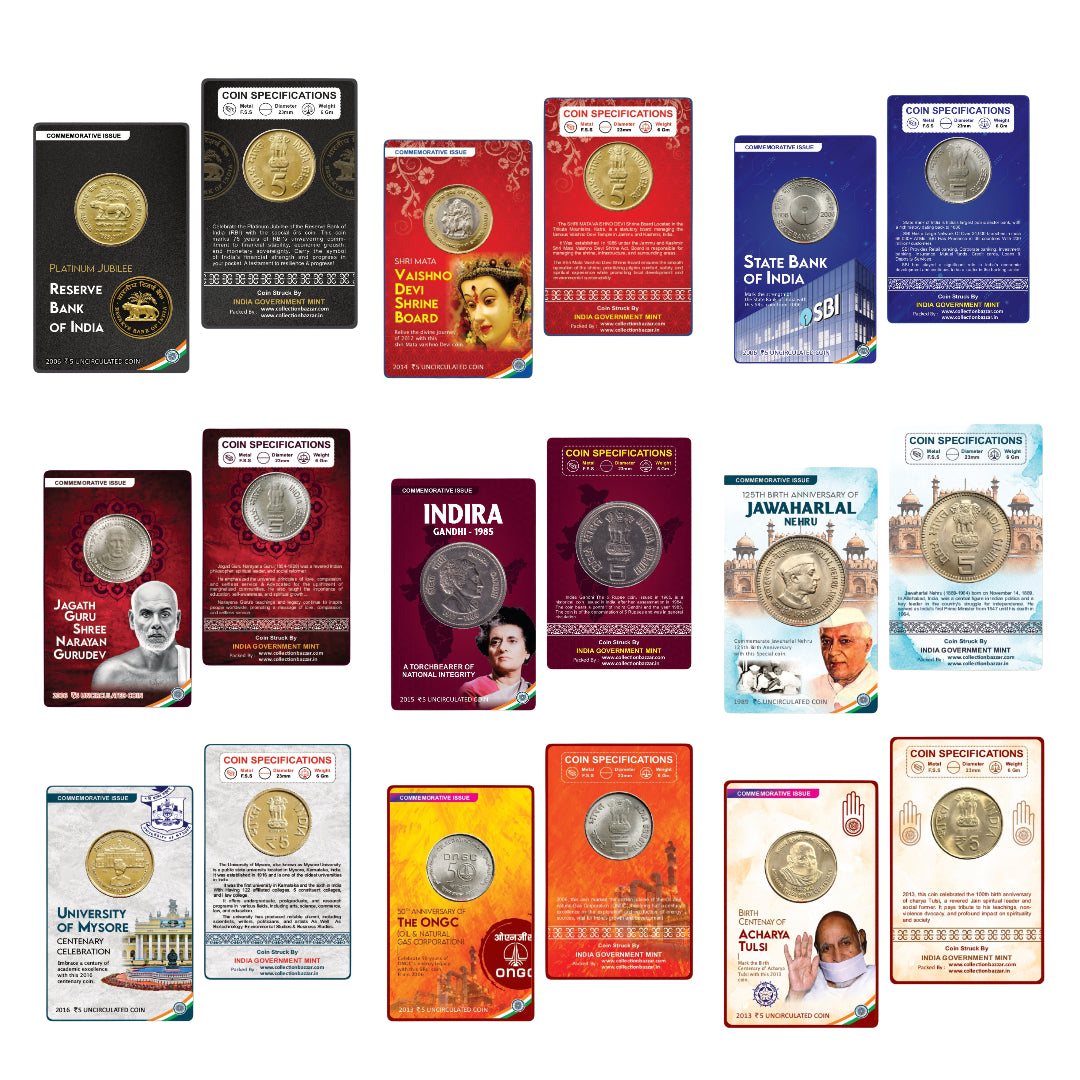 9 commemorative coin card set issued by India Government Mint featuring RBI, SBI, Indira Gandhi, Nehru, ONGC, and Vaishno Devi coins.