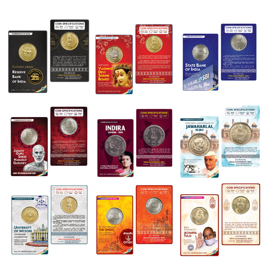 9 commemorative coin card set issued by India Government Mint featuring RBI, SBI, Indira Gandhi, Nehru, ONGC, and Vaishno Devi coins.