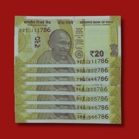 Rs 20 Note Ending 786 Starting Solid Number All 7 Pcs Lot