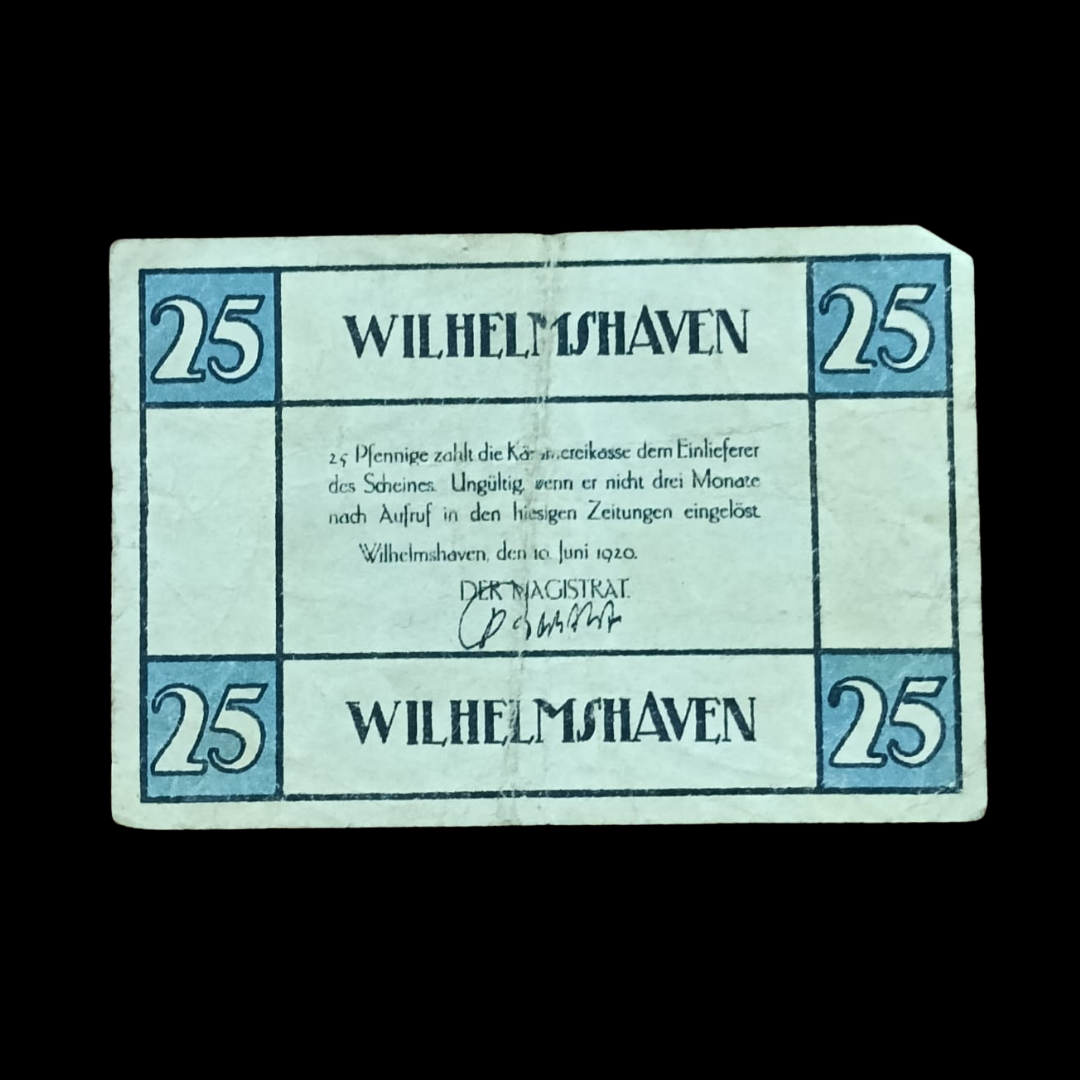 25 Pfennigs Regionale Banknote Weimar Republic City of Wilhelmshaven