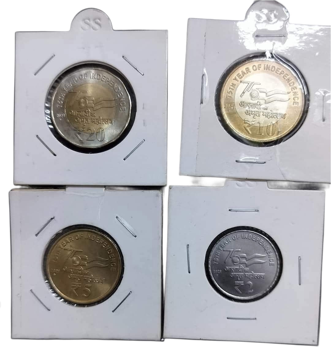 AkAM Year 2021 Set
₹20/Bombay Mint 
₹10/Noida Mint 
₹5/Bombay Mint 
₹2/Hyderabad Mint 
All BUNC from Pkt 
 Rare  Best For Collection - Collection Bazzar