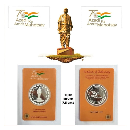 Azadi Ka Amrit Mahotsav 7.5 grams pure silver coin featuring Statue of Unity and Ashoka Lion emblem.