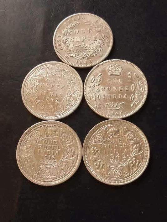 BRITISH  INDIA HISTORY
 ALL DIFFERENT PORTRAIT   
ONE RUPPEE  5 different
EAST INDIA COMPANY 1840, Victoria queen, 
EDWARD Vll
GEORGE V
George Vl - Collection Bazzar