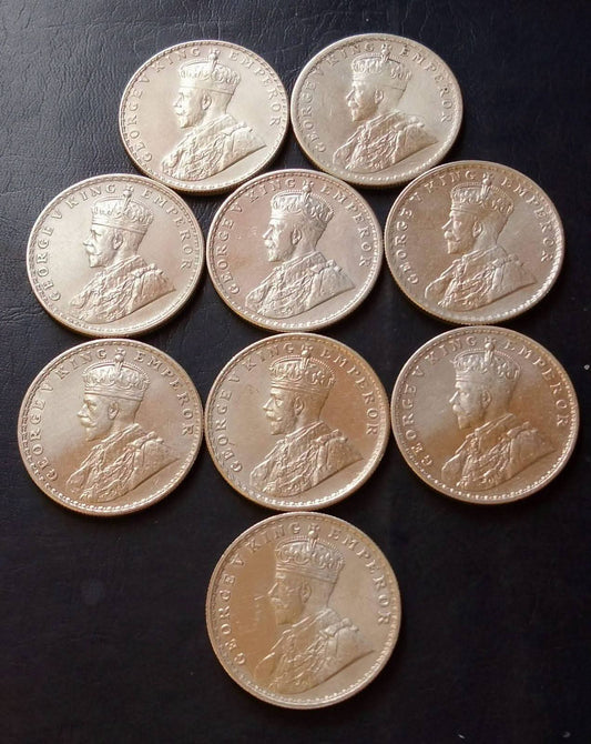 SILVER  BRITISH INDIA  DIFFERENT YEARS COLLECTION
 GEORGE V
FULL SILVER
8  DIFFERENT YEARS  1₹SET 
WEIGHT 11.6GM EACH 

ORIGINAL GAUARANTEE
EXCELLENT CONDITION. - Collection Bazzar