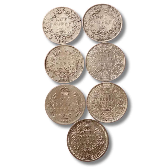 British India One Rupee Silver Coin Set – 7 Varieties | 100.5g Total | Buy Rare Colonial Coins Online