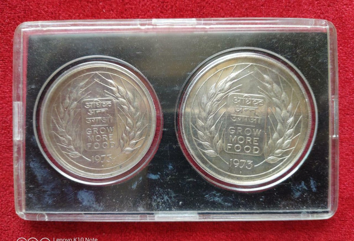 Buy 1973 India Grow more Food Rs 20 and Rs 10 Silver Unc set - Collection Bazzar
