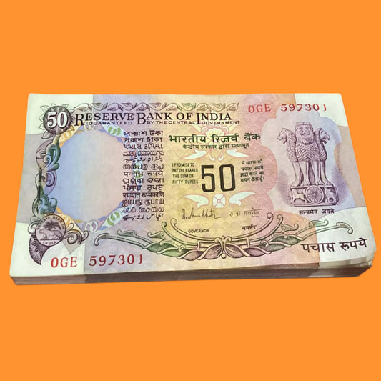 Buy Rs 50 Parliament issue serial packet OGE 597301 RN Malhotra sign - Collection Bazzar