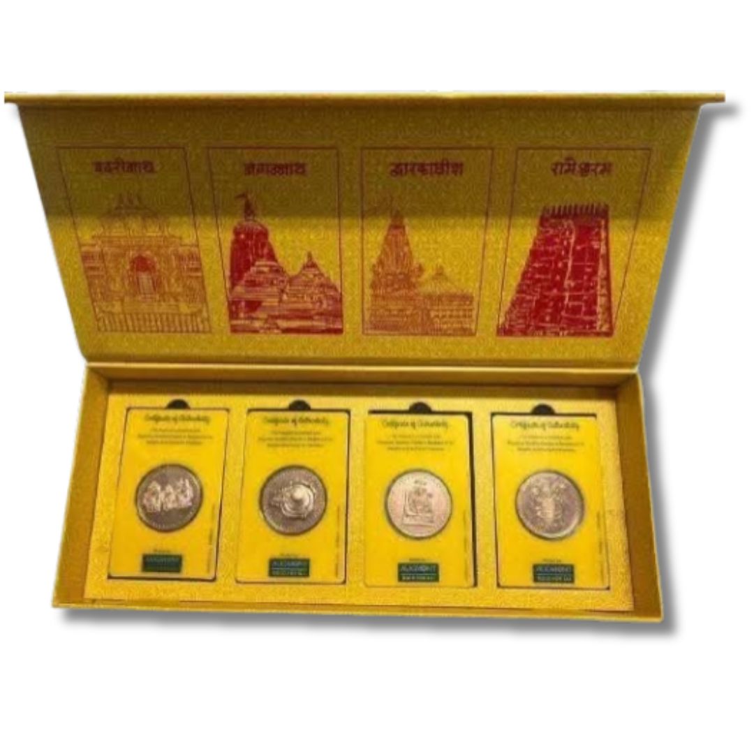 Char Dham Copper Coin Set – 56g | 4 Temple & Murti Designs | Premium Box