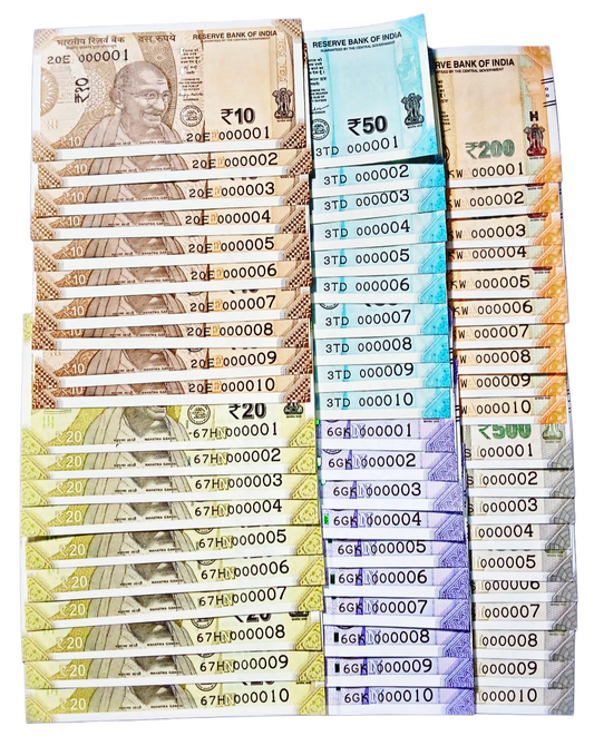 Indian Currency Fancy Low Serial Number Notes Pack 000001–000010 rs|10 .20 .50 100.200,500 - Collection Bazzar