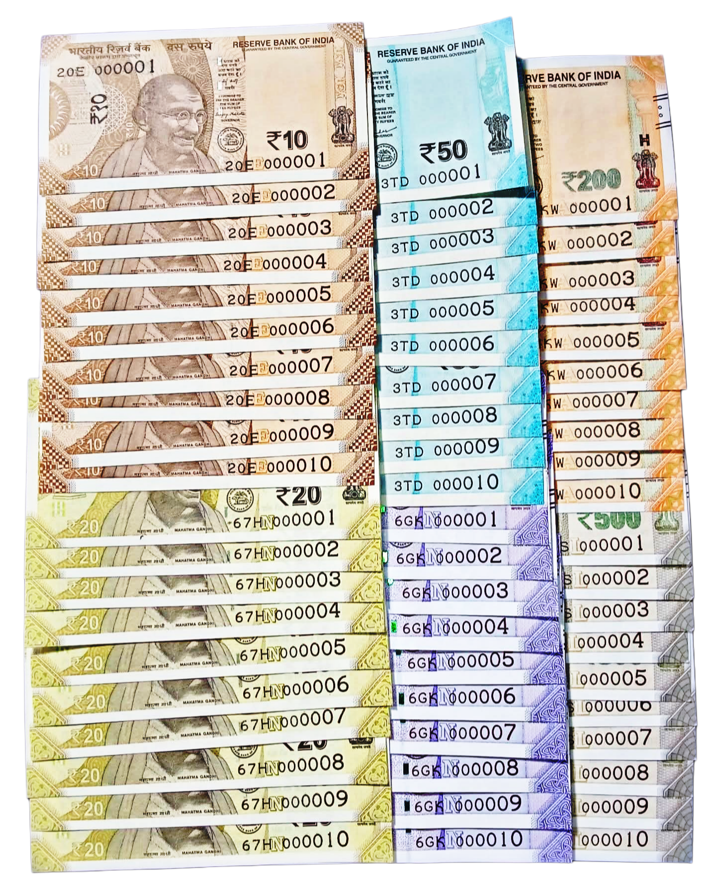 Indian Currency Fancy Low Serial Number Notes Pack 000001–000010 rs|10 .20 .50 100.200,500 - Collection Bazzar