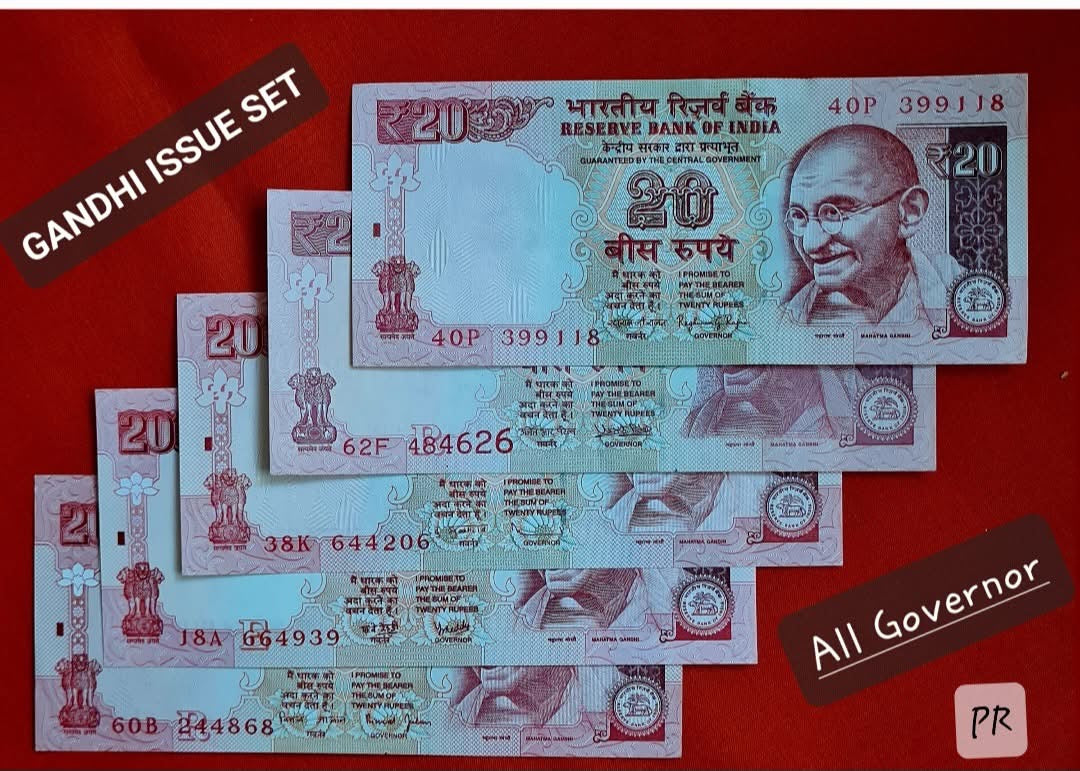 GANDHI ISSUE 20/-

Red, blue & multicoloured

ALL 5 GOVERNORS ISSUE

5 UNC NOTE SET

ONLY - Collection Bazzar