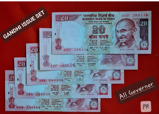 GANDHI ISSUE 20/-

Red, blue & multicoloured

ALL 5 GOVERNORS ISSUE

5 UNC NOTE SET

ONLY - Collection Bazzar
