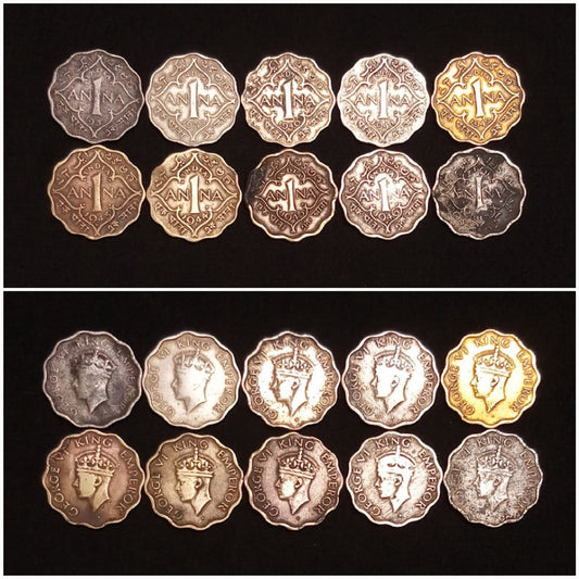 GEORGE VI - 1 ANNA - COMPLETE YEAR WISE SET*
An all time favorite COMPLETE SET OF 10 COINS, GEORGE VI, 1 ANNA, including all rare and scare years.

 1939 1940 1941 1942
1943 1944 1945 1946 1947 - Collection Bazzar