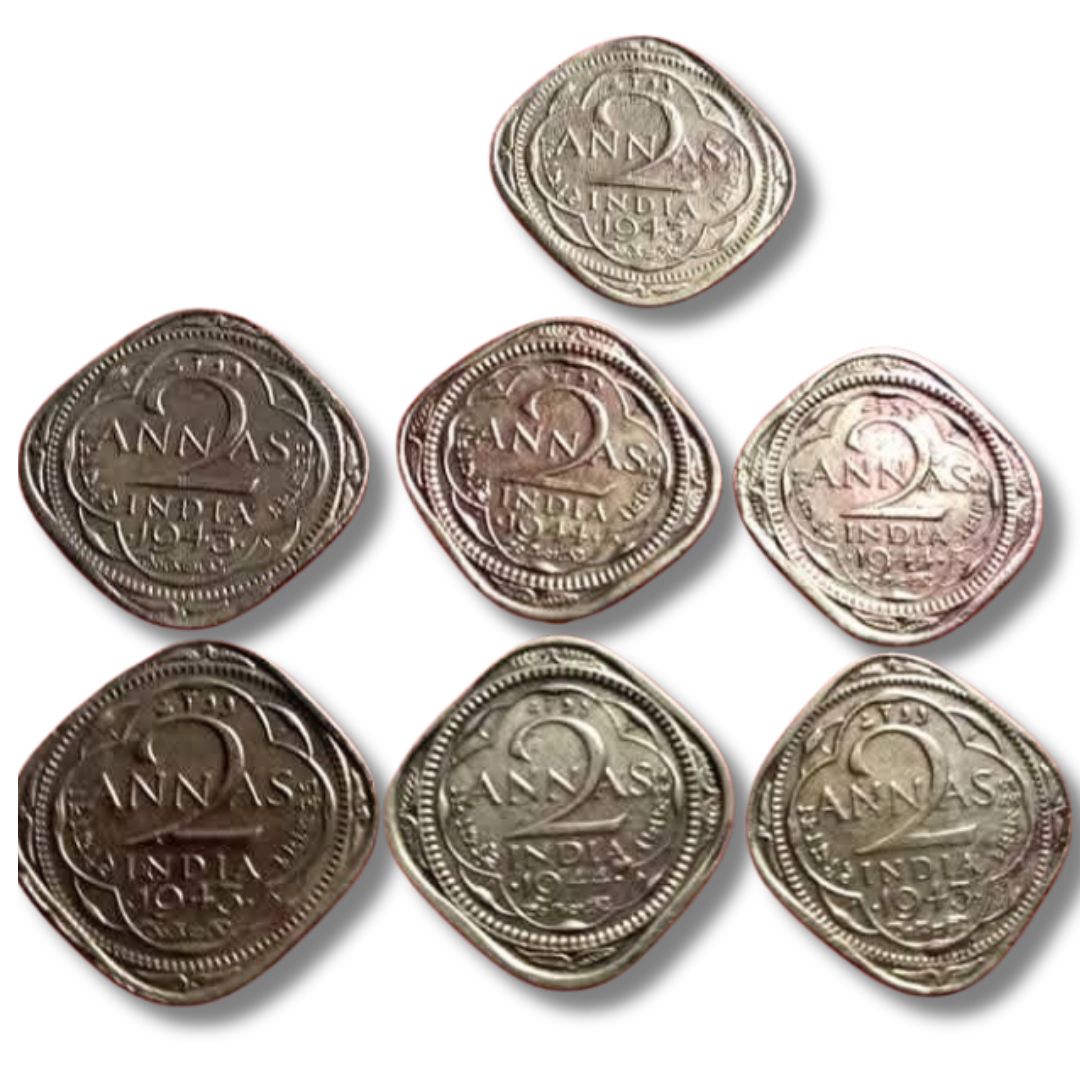 George V 2 Anna Coin Set – 7 Pieces Mixed Years | British India Coins (Excellent Condition) - Collection Bazzar