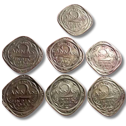 George V 2 Anna Coin Set – 7 Pieces Mixed Years | British India Coins (Excellent Condition) - Collection Bazzar