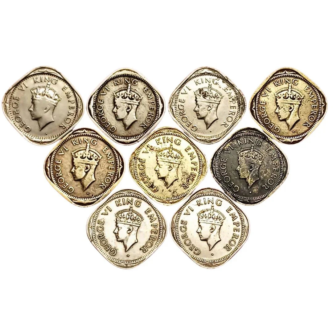 Vintage British India George VI King Emperor square coins, collectible currency.