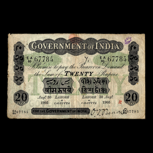 Govt. of India 20 Rupees Uniface old Note 1905 O T Barrow Lahore/Calcutta - Collection Bazzar
