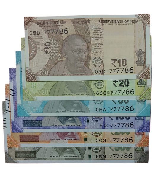 Fancy Number Matching Set 10, 20, 50, 100, 200,500 Notes with Same Serial 777786 | Rare Complete Matching Series | RBI Original UNC Collection | Mahatma Gandhi New Series Notes