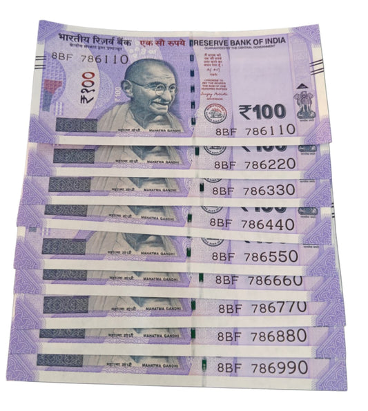 Rs 100 Note India holy number set 786110 786990 9 note set