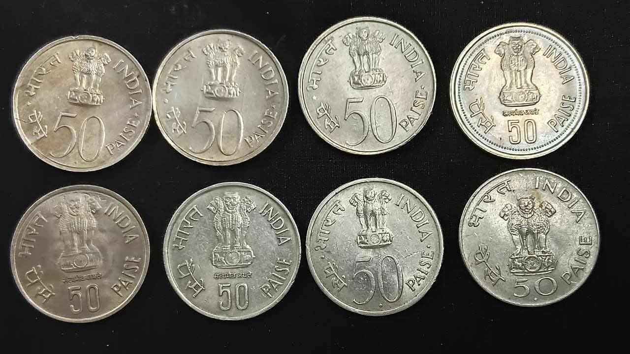 India 50 Paise Coin Set – 8 Different Designs Rare Old Fifty Paisa Collection - Collection Bazzar