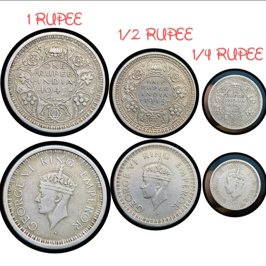 1945 King George VI Silver Coin Set – 1 Rupee, 1/2 Rupee, 1/4 Rupee | 5 Bombay Mint Varieties