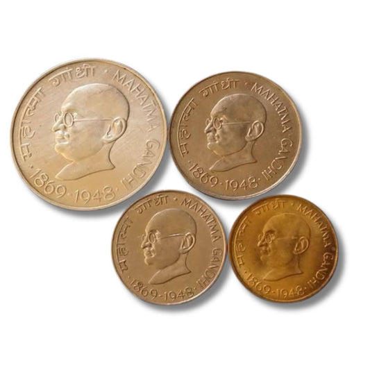Mahatma Gandhi Commemorative Coin Set – ₹10 Pure Silver + ₹1, 50 Paise, 20 Paise Copper-Nickel Coins