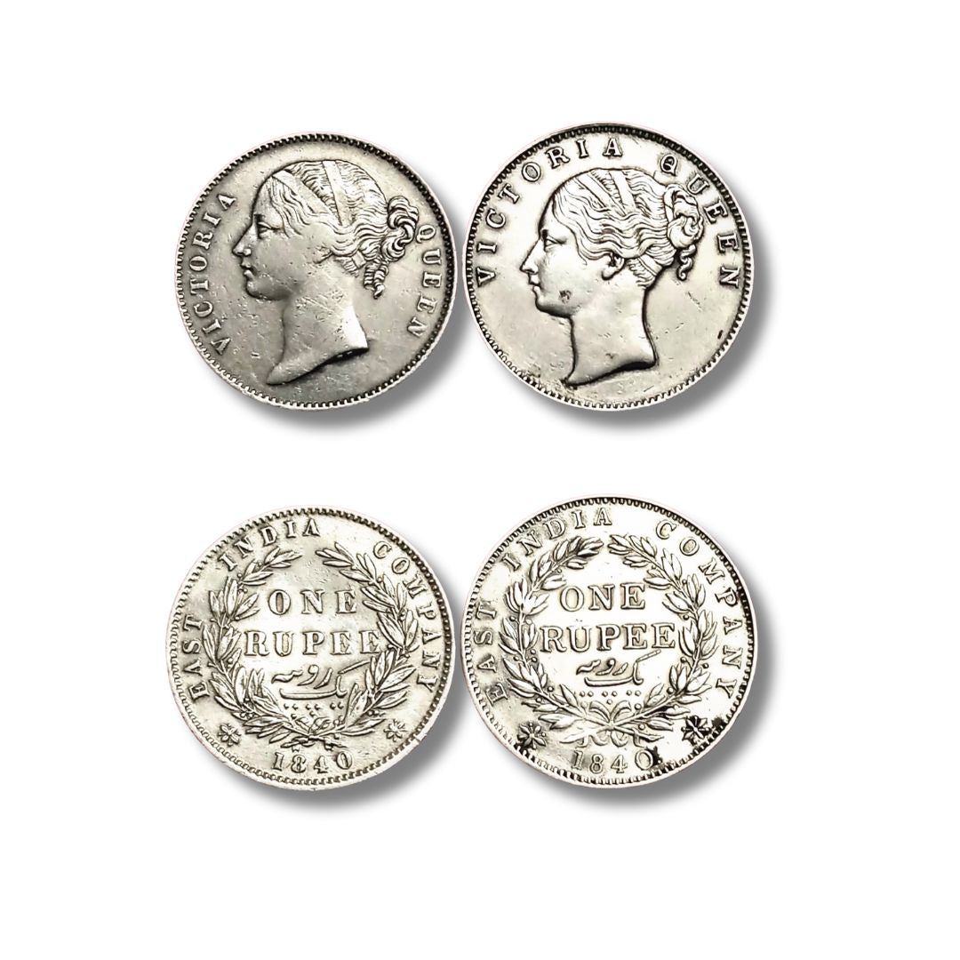 Queen Victoria – 1 Rupee Silver (1840) – Divided & Continuous Legend – 2 Coin Set
