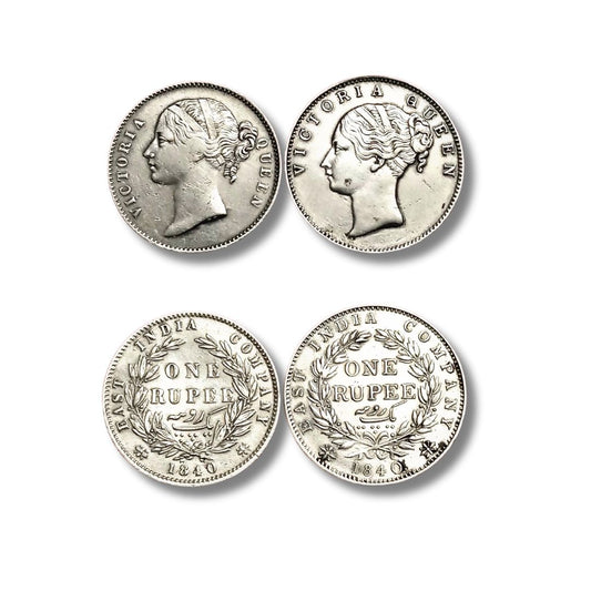 Queen Victoria – 1 Rupee Silver (1840) – Divided & Continuous Legend – 2 Coin Set