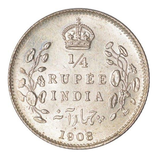 Quarter Rupee 1/4 Silver Coin 1908 Edward VII King and Emperor Rare - Collection Bazzar